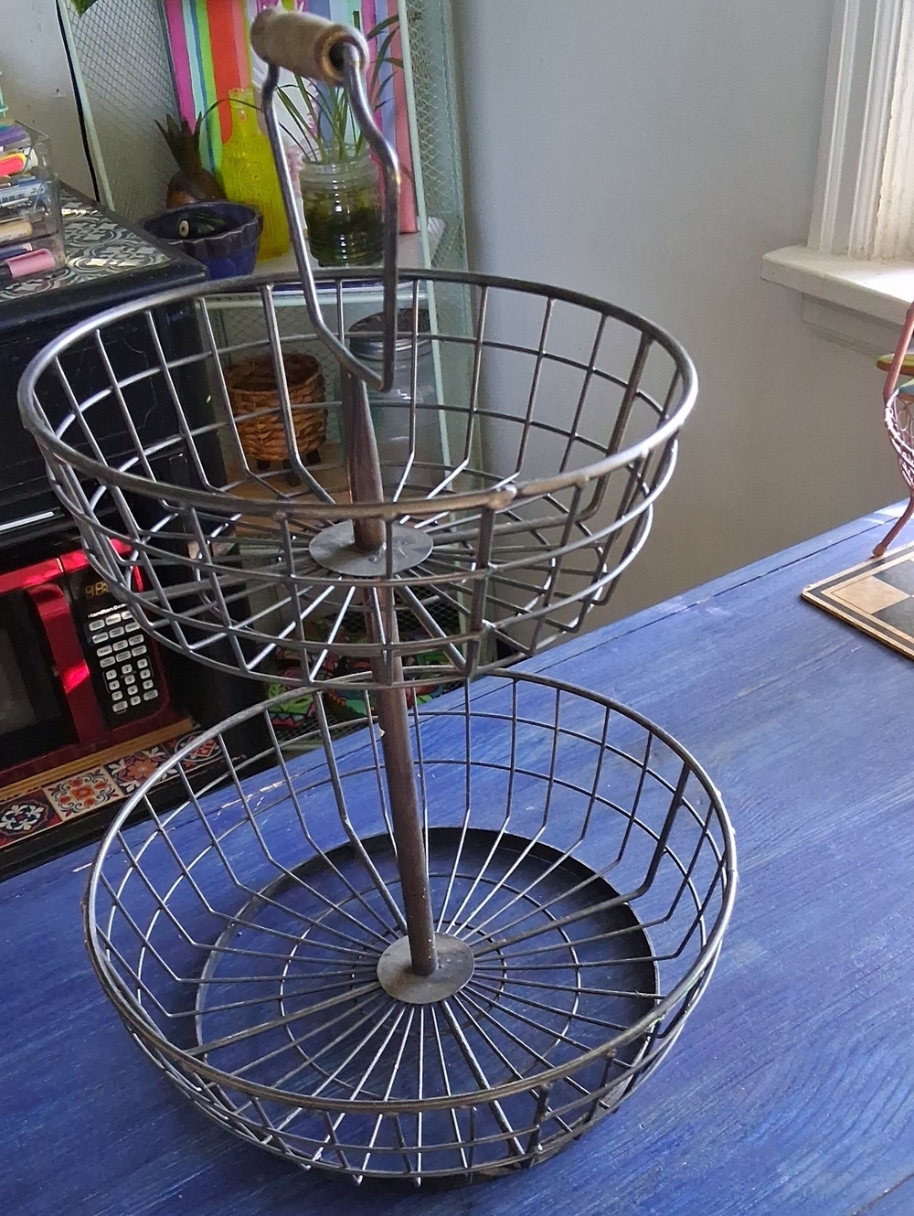 Two-Tier Wire Metal Basket With Wood Handle